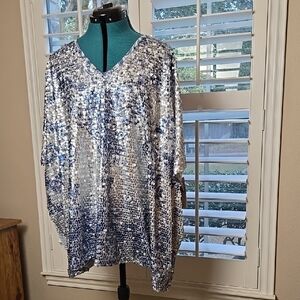 Reba's Woman Sequin V-Neck Poncho - Silver and Blue Size 1X